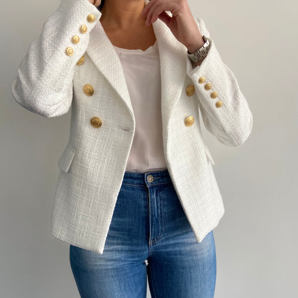 White Tweed Blazer with Gold Buttons | SilkFred US